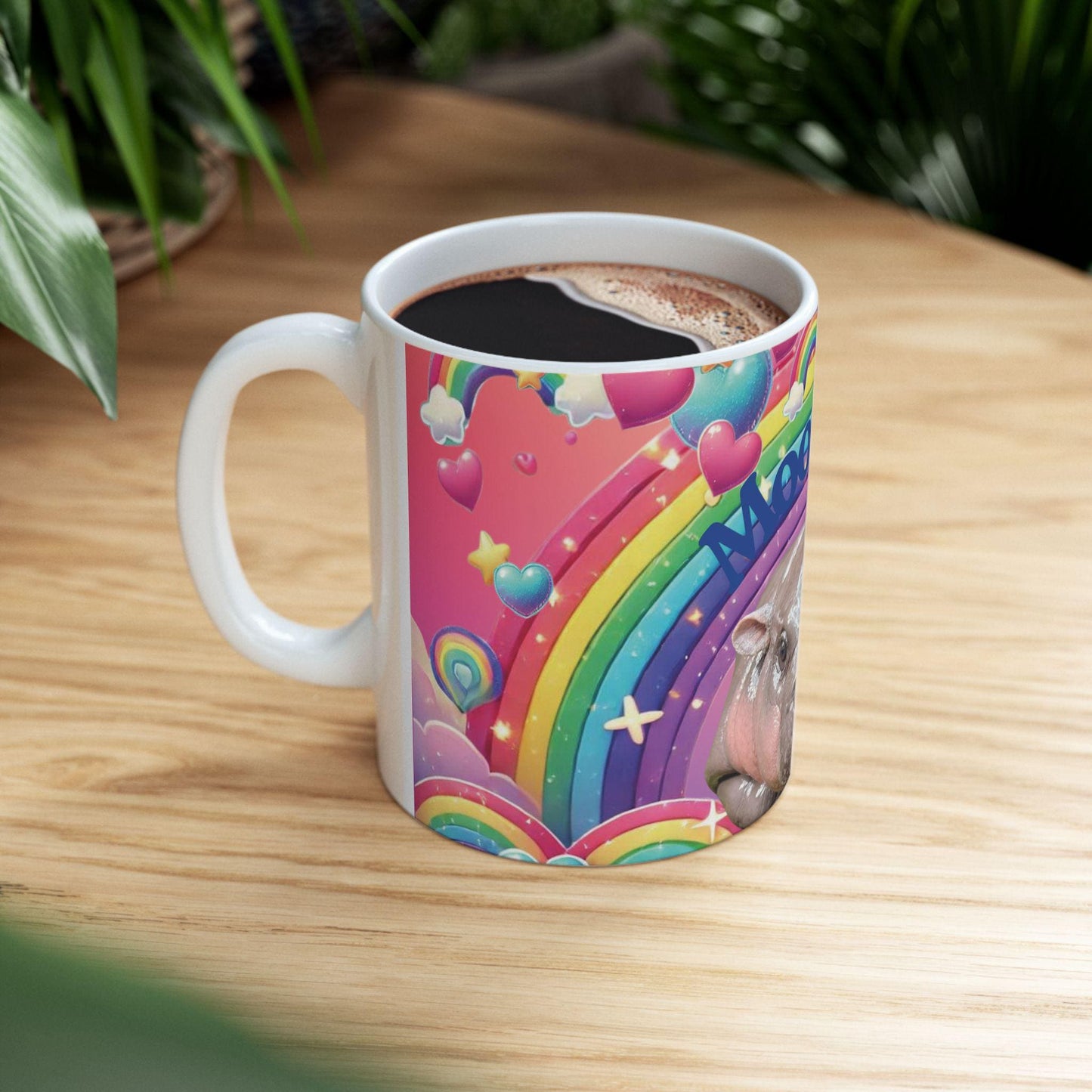 Moo Deng Rainbow Ceramic Mug, Cute Hippo Gift, Fun Coffee Cup, Colorful Drinkware, Unique Animal Lover Mug