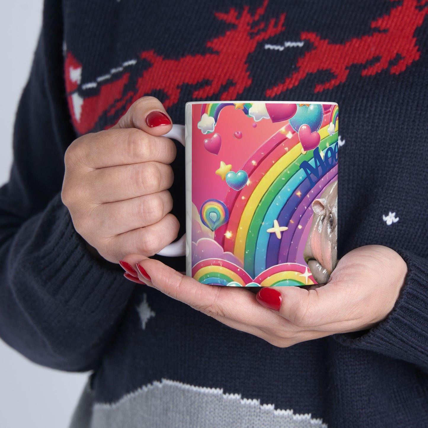 Moo Deng Rainbow Ceramic Mug, Cute Hippo Gift, Fun Coffee Cup, Colorful Drinkware, Unique Animal Lover Mug