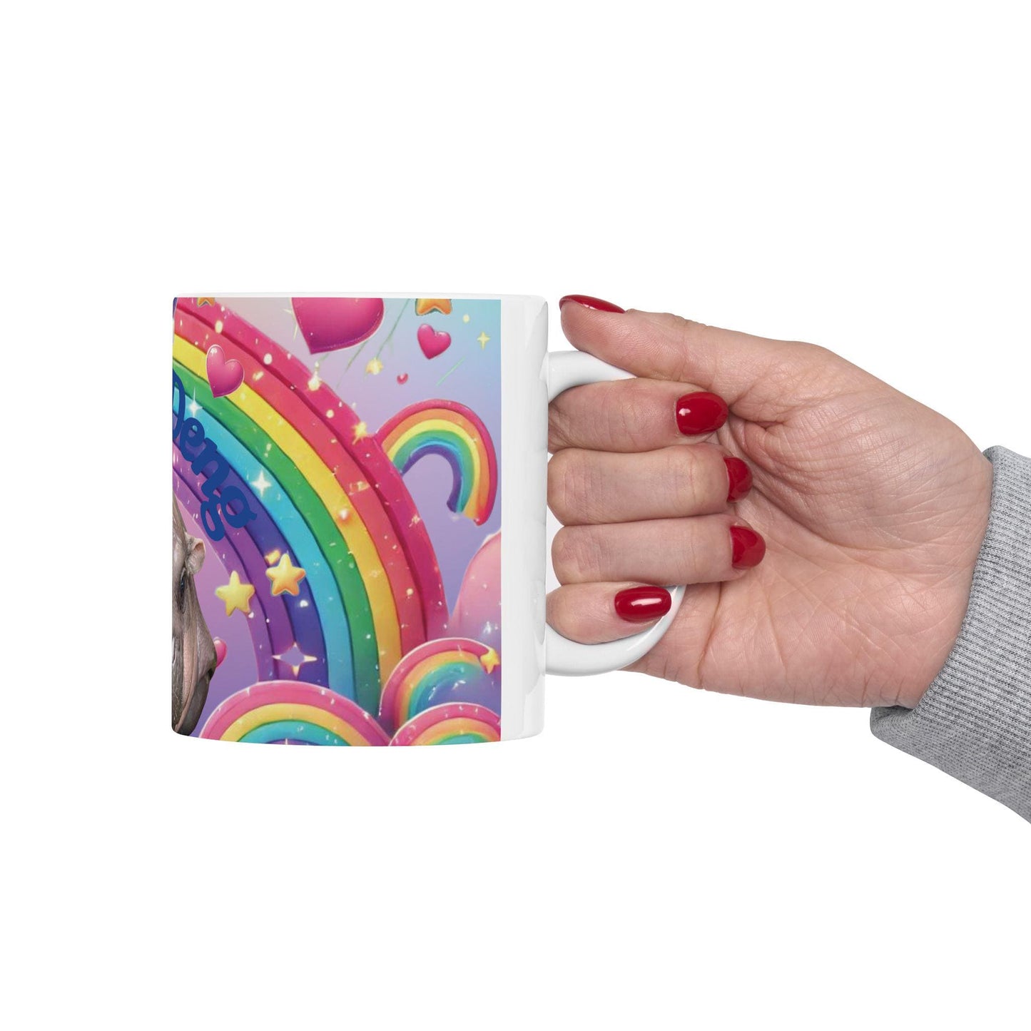 Moo Deng Rainbow Ceramic Mug, Cute Hippo Gift, Fun Coffee Cup, Colorful Drinkware, Unique Animal Lover Mug
