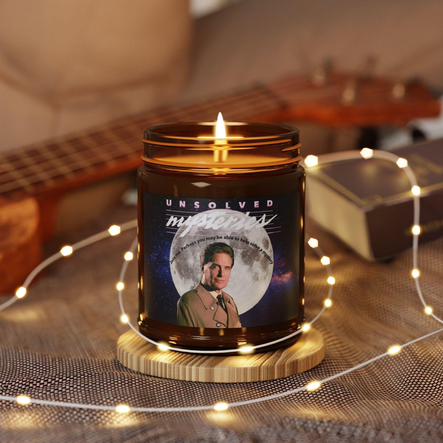 Retro Unsolved Mysteries Soy Candle | Amber Glass Jar | Robert Stack Tribute | Cozy Home Decor | Nostalgic Gift for TV Fans