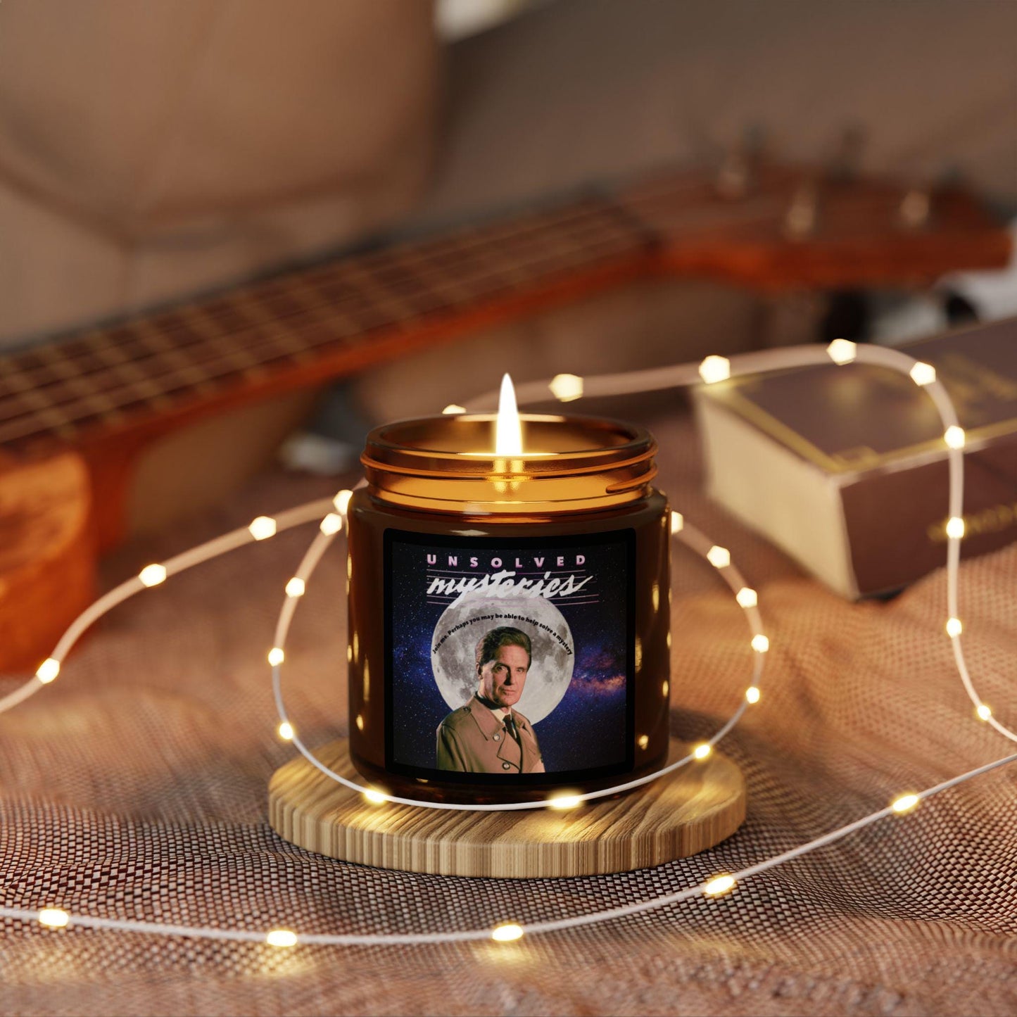 Retro Unsolved Mysteries Soy Candle | Amber Glass Jar | Robert Stack Tribute | Cozy Home Decor | Nostalgic Gift for TV Fans