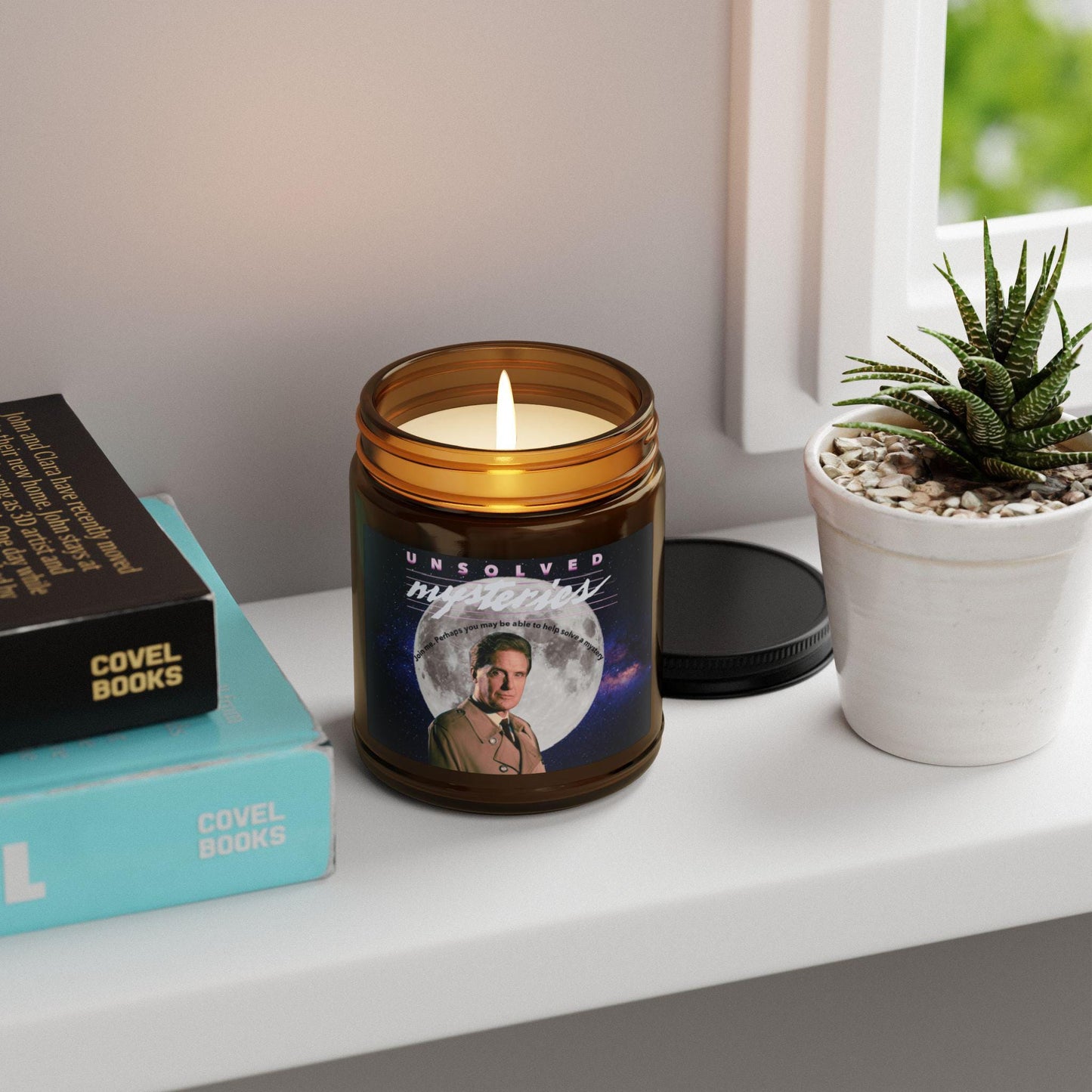 Retro Unsolved Mysteries Soy Candle | Amber Glass Jar | Robert Stack Tribute | Cozy Home Decor | Nostalgic Gift for TV Fans