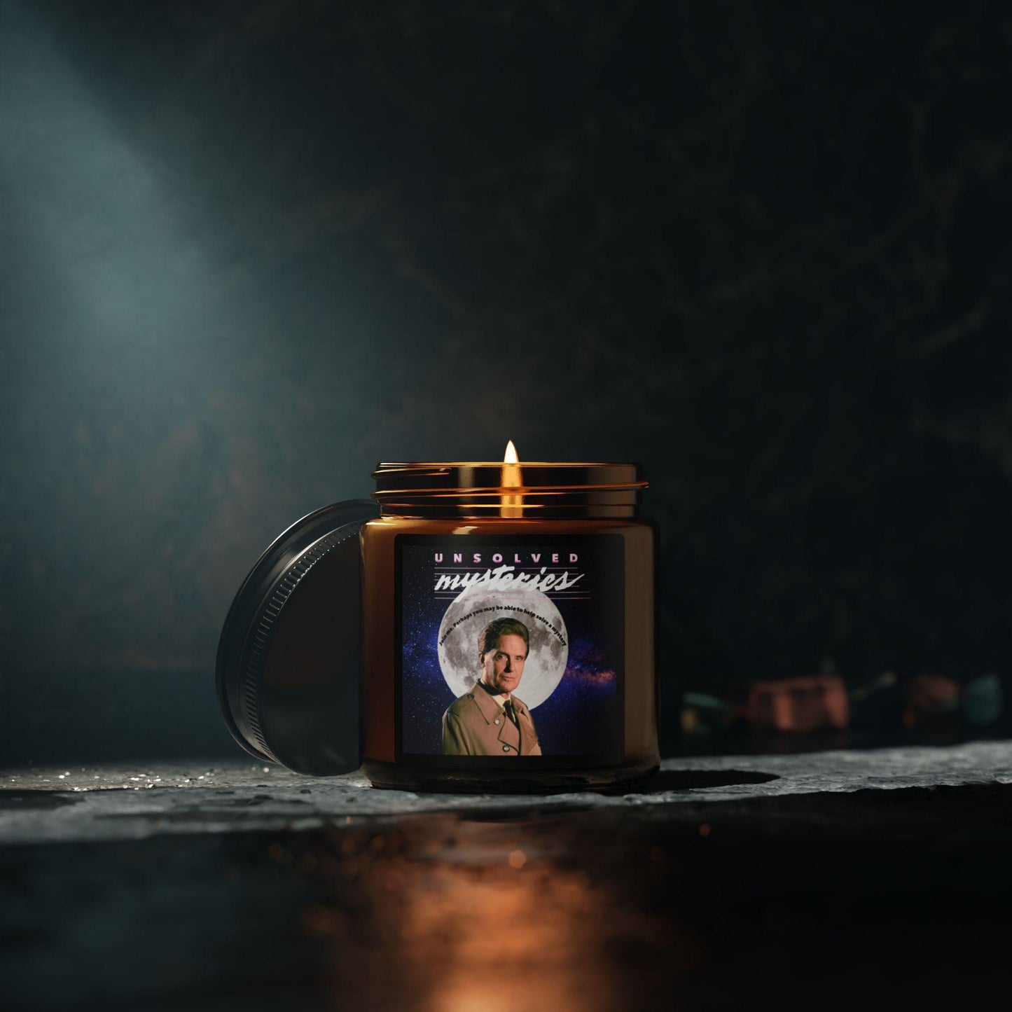 Retro Unsolved Mysteries Soy Candle | Amber Glass Jar | Robert Stack Tribute | Cozy Home Decor | Nostalgic Gift for TV Fans