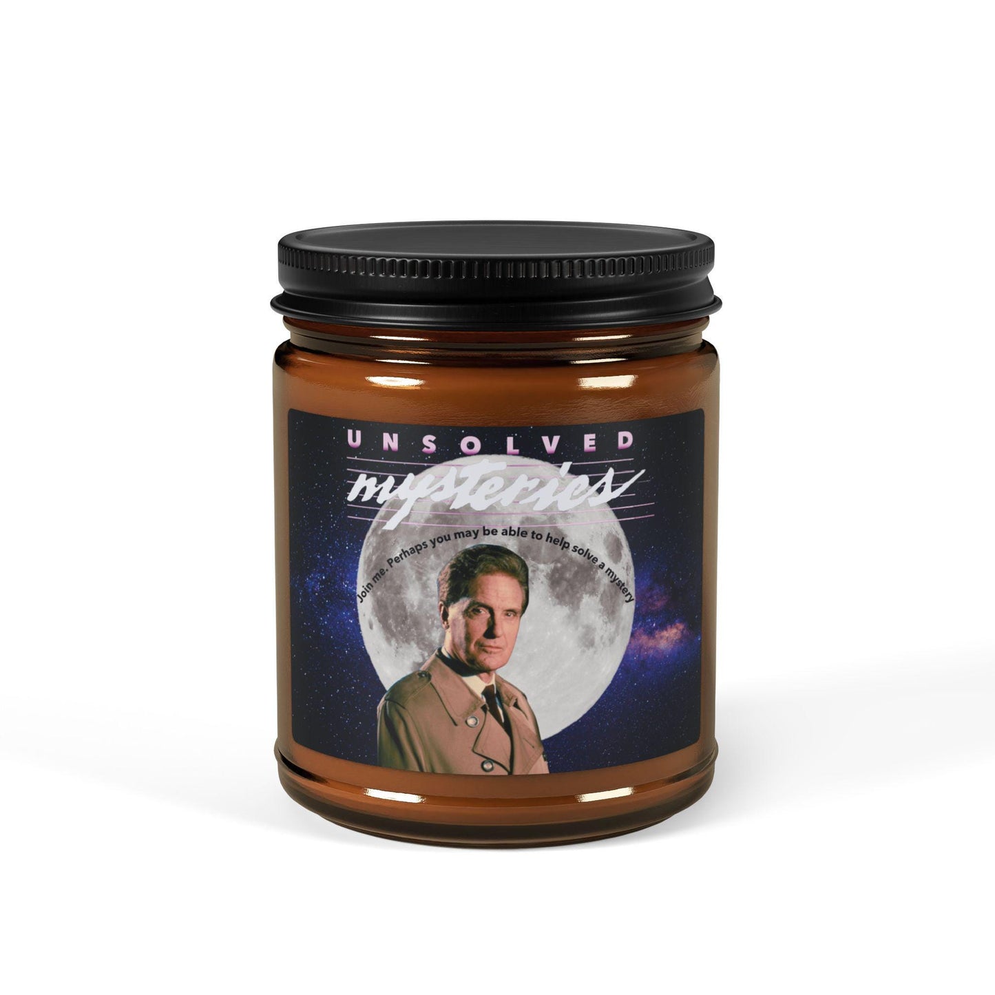 Retro Unsolved Mysteries Soy Candle | Amber Glass Jar | Robert Stack Tribute | Cozy Home Decor | Nostalgic Gift for TV Fans