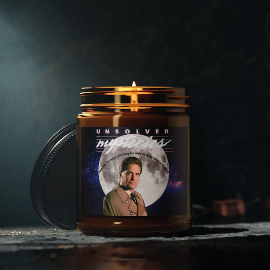 Retro Unsolved Mysteries Soy Candle | Amber Glass Jar | Robert Stack Tribute | Cozy Home Decor | Nostalgic Gift for TV Fans