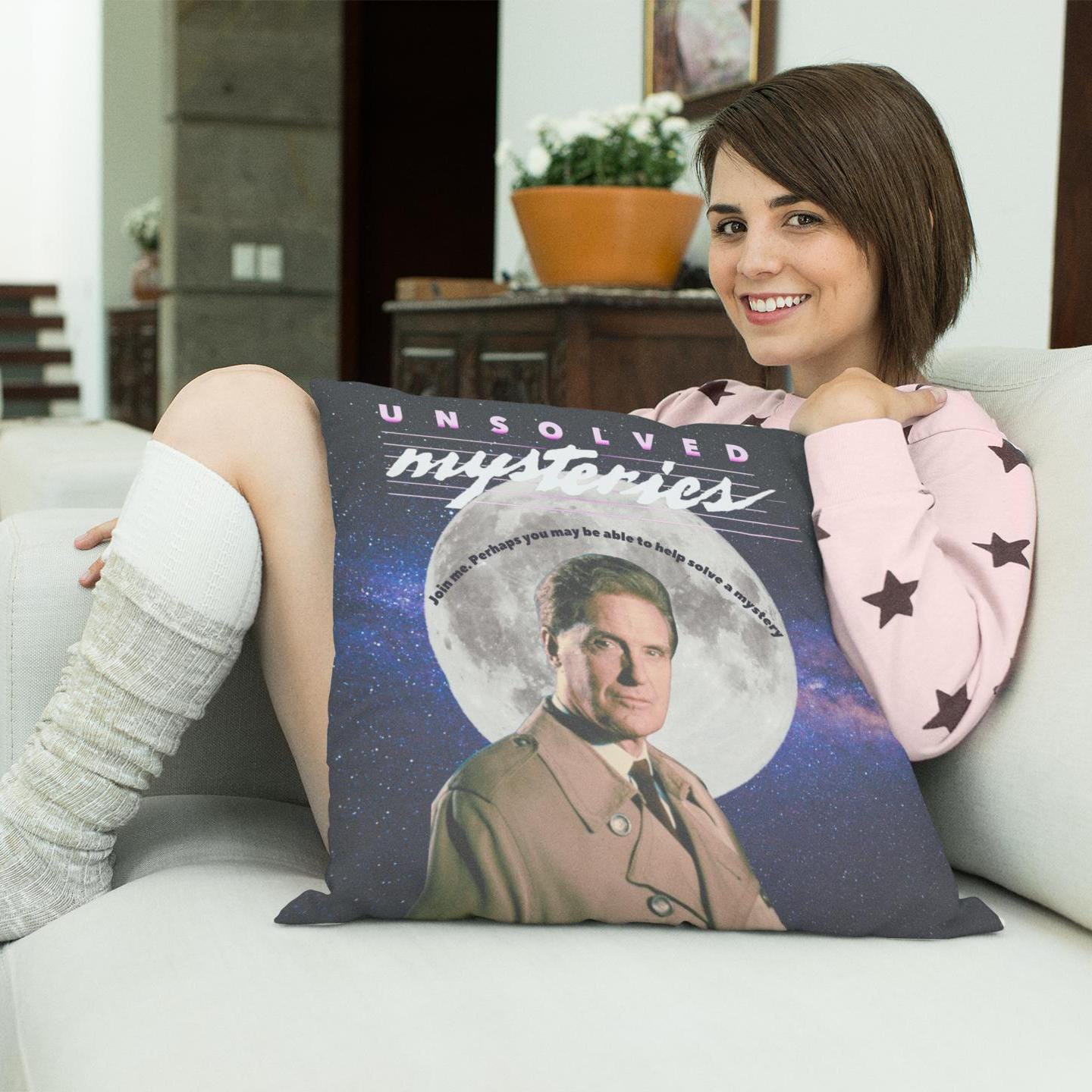 Unsolved Mysteries Retro Pillow Featuring Robert Stack – Vintage 90s TV Show Decor