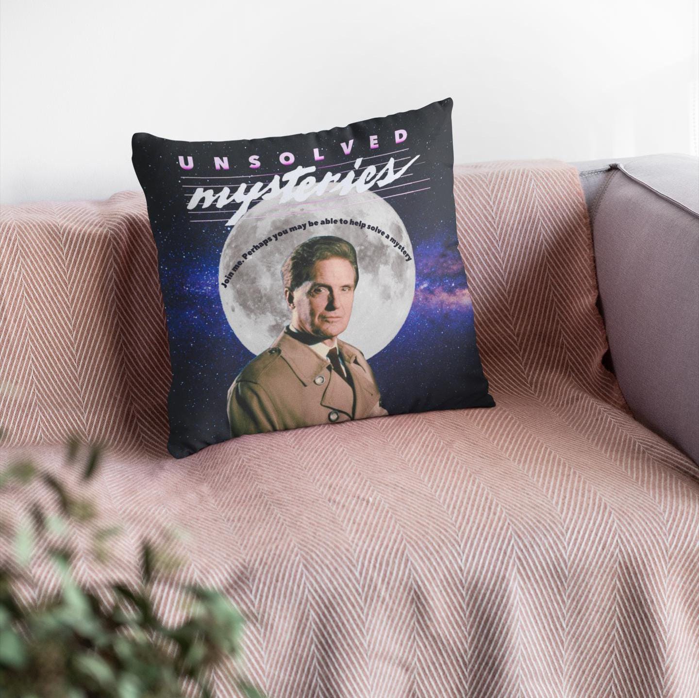 Unsolved Mysteries Retro Pillow Featuring Robert Stack – Vintage 90s TV Show Decor