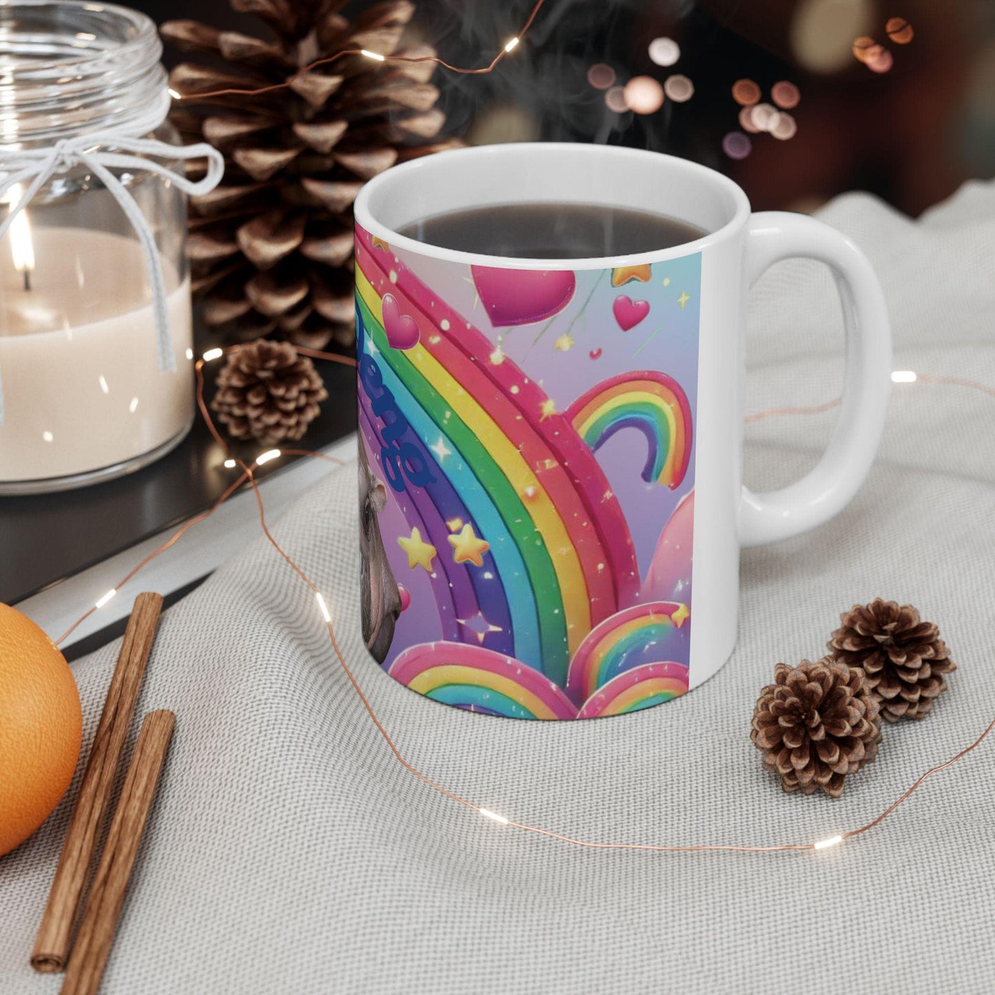 Moo Deng Rainbow Ceramic Mug, Cute Hippo Gift, Fun Coffee Cup, Colorful Drinkware, Unique Animal Lover Mug