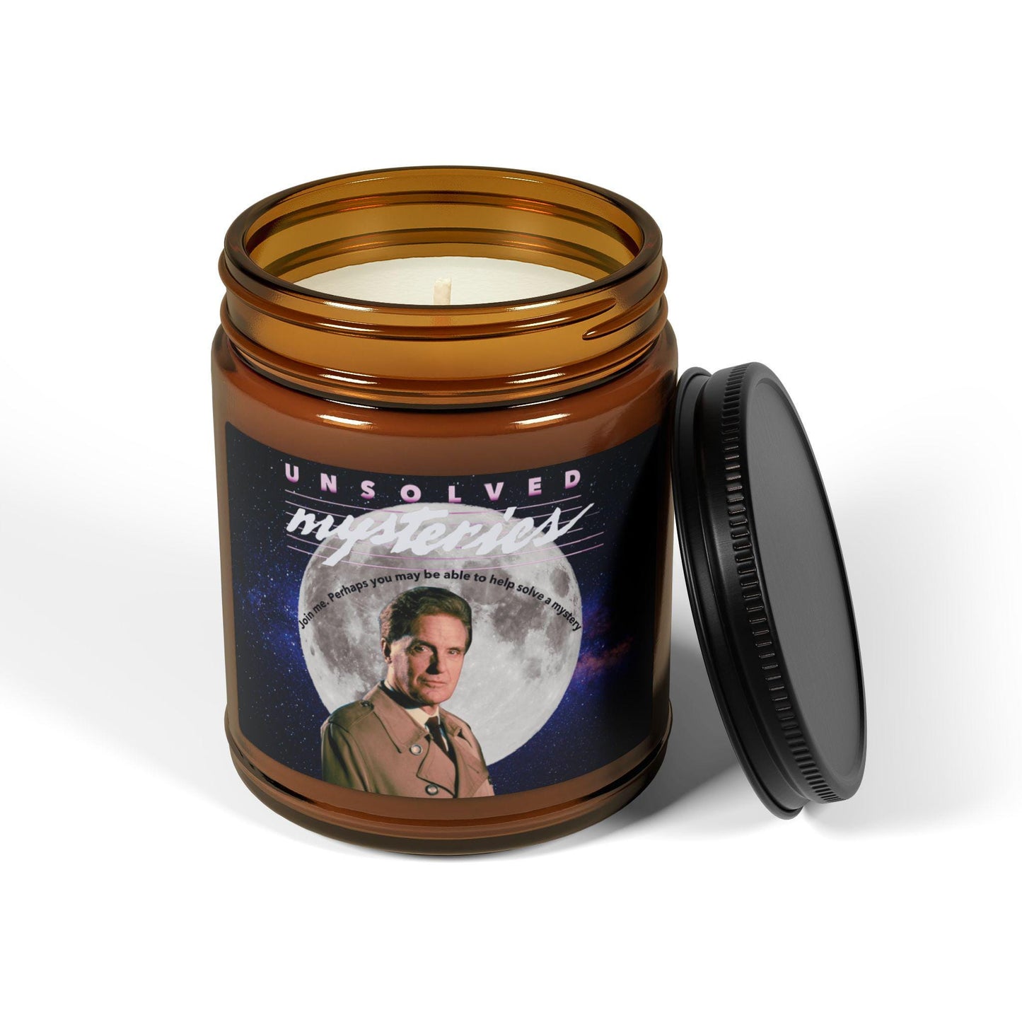 Retro Unsolved Mysteries Soy Candle | Amber Glass Jar | Robert Stack Tribute | Cozy Home Decor | Nostalgic Gift for TV Fans