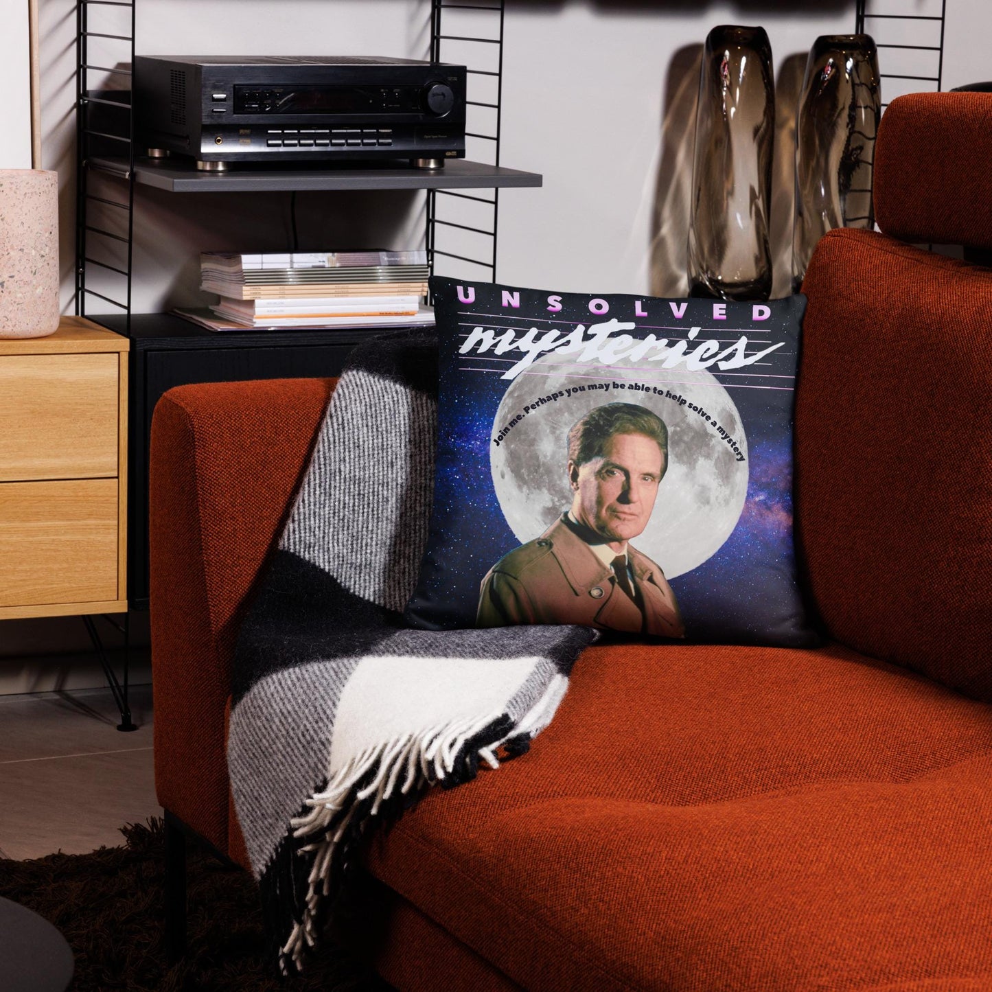 Retro “Unsolved Mysteries” Pillow Featuring Robert Stack