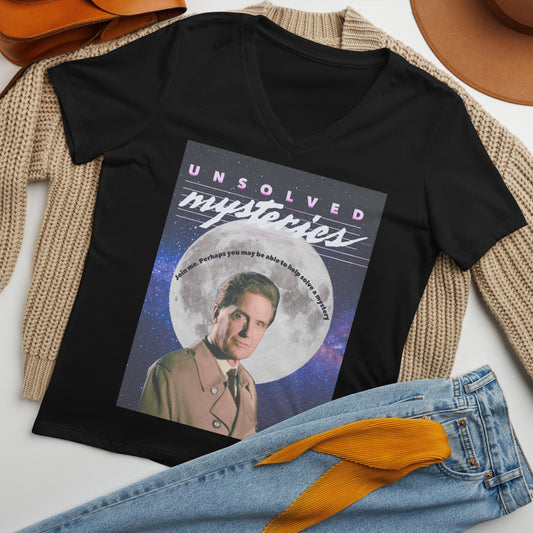 Vintage Unsolved Mysteries V-Neck T-Shirt | Retro 80s TV Show Women&#39;s V-Neck | Classic Unsolved Mysteries Fan Tee