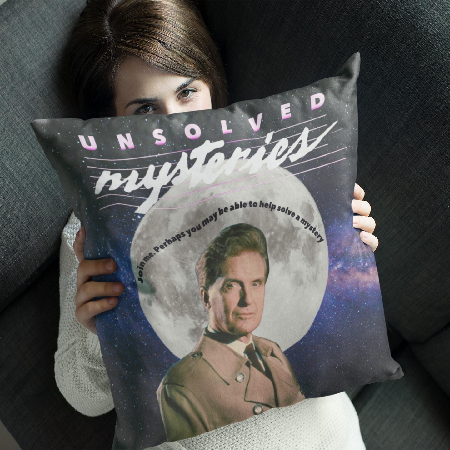 Unsolved Mysteries Retro Pillow Featuring Robert Stack – Vintage 90s TV Show Decor