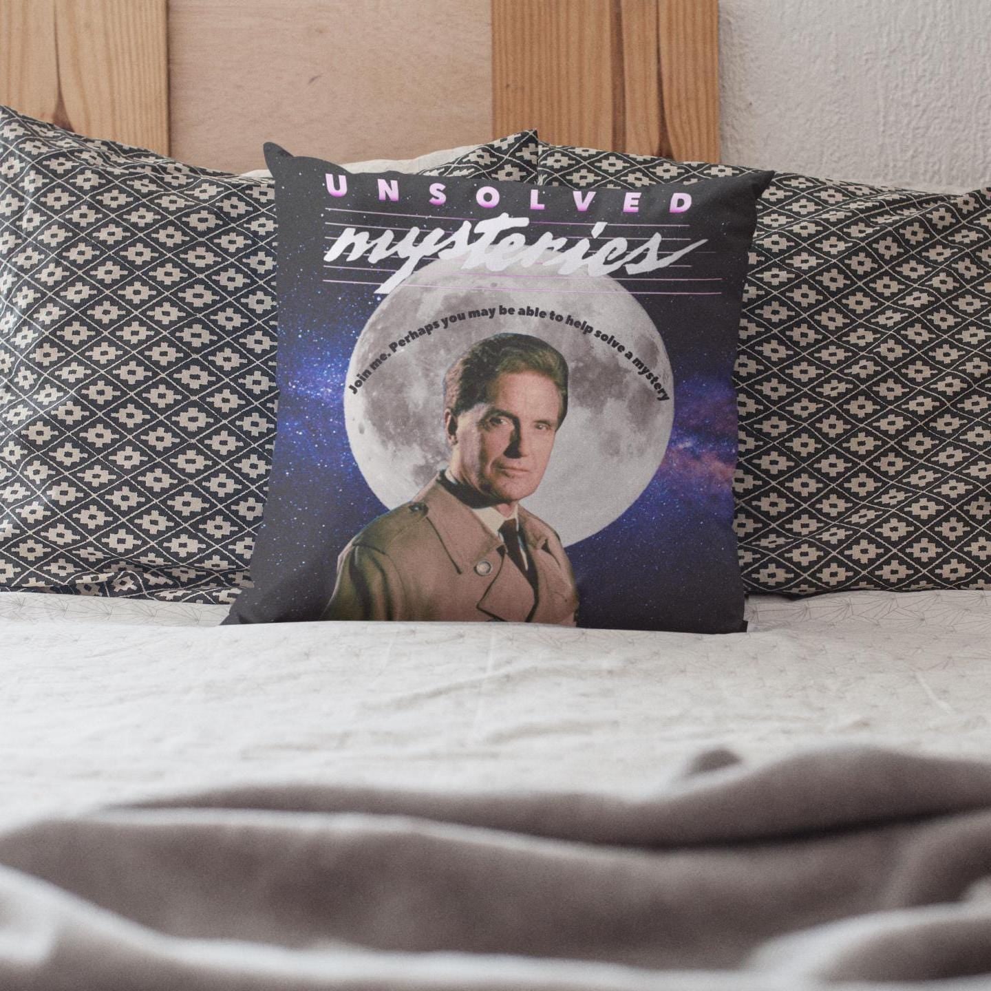 Unsolved Mysteries Retro Pillow Featuring Robert Stack – Vintage 90s TV Show Decor