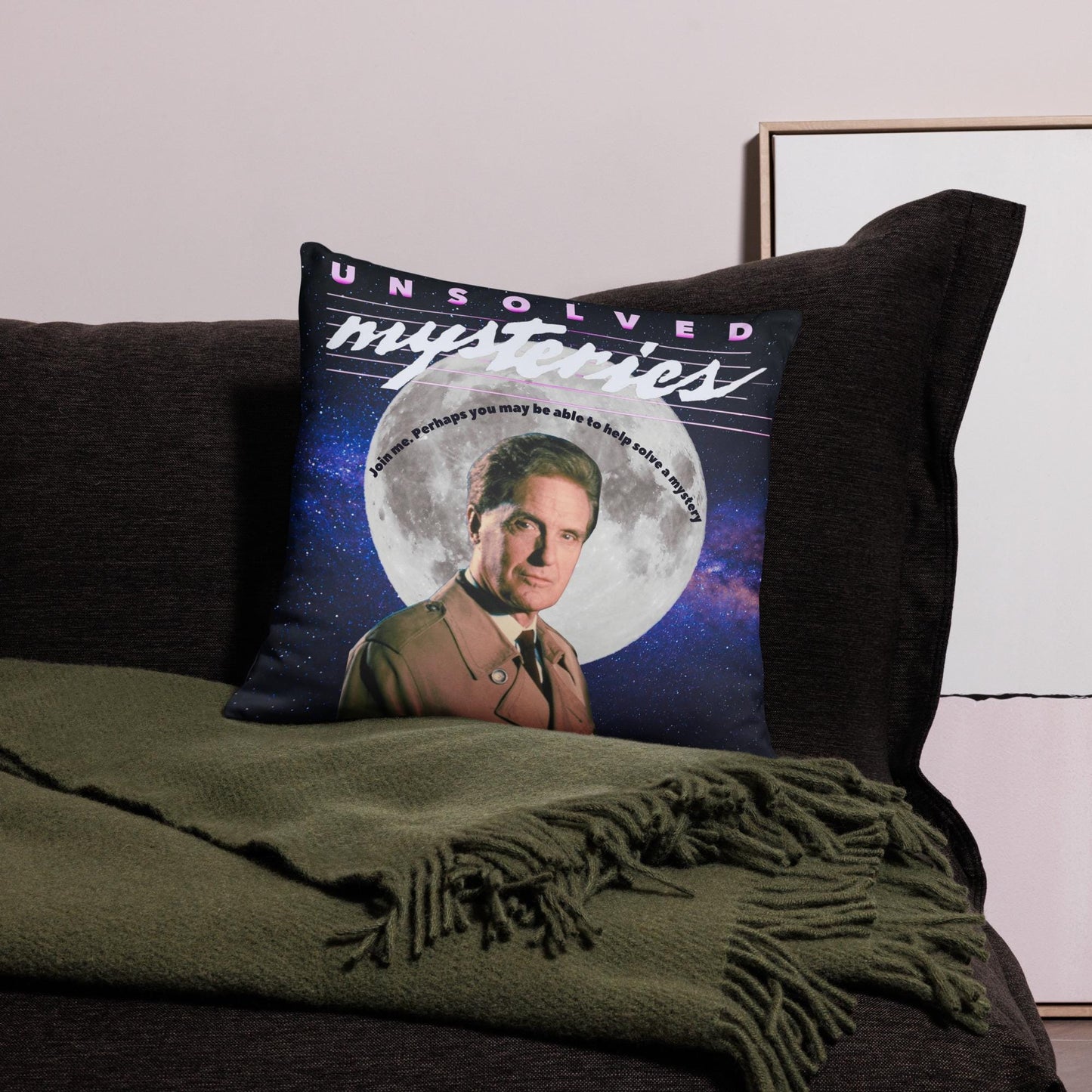 Unsolved Mysteries Retro Pillow Featuring Robert Stack – Vintage 90s TV Show Decor