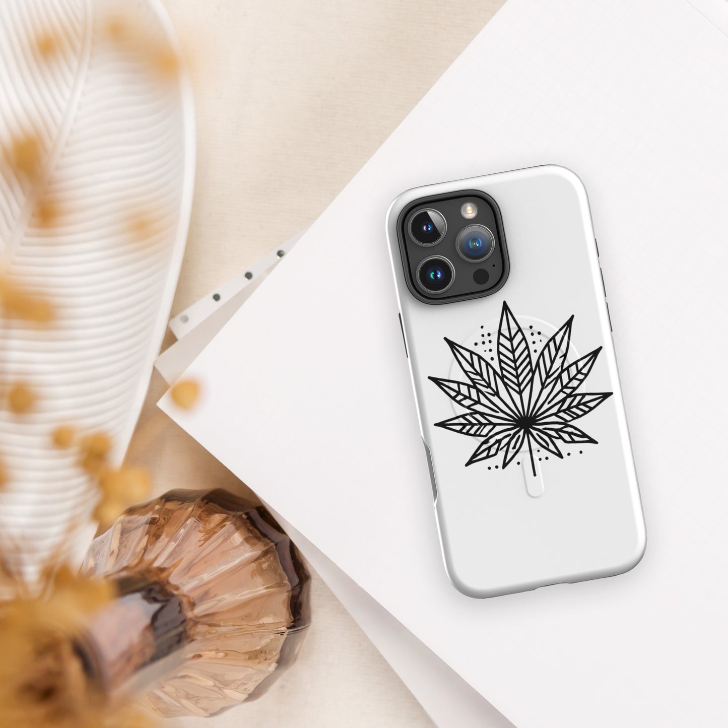 Minimalist Cannabis Leaf iPhone Case – MagSafe® Compatible, Dual-Layer Protection