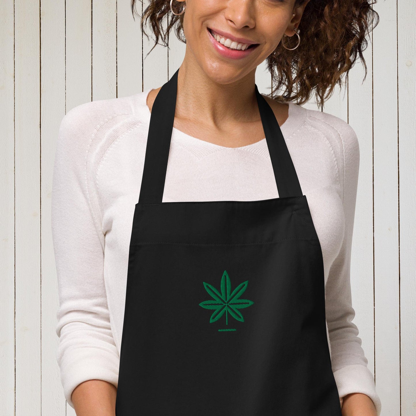 Green Weed Leaf Embroidered Apron - Eco-Friendly Cotton