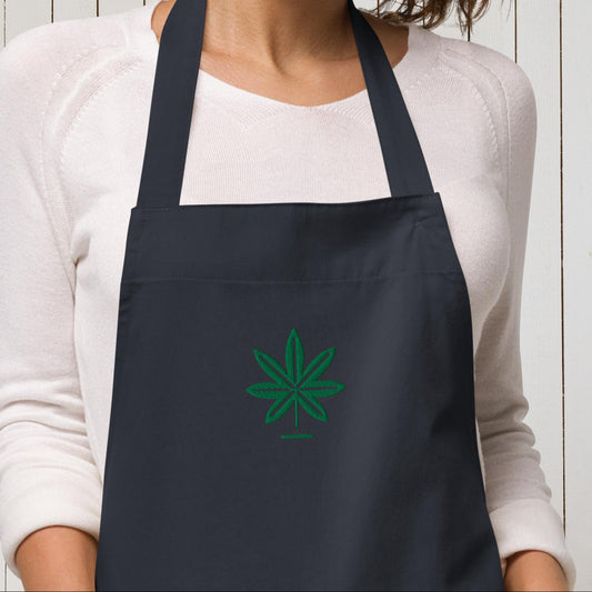 Green Weed Leaf Embroidered Apron - Eco-Friendly Cotton