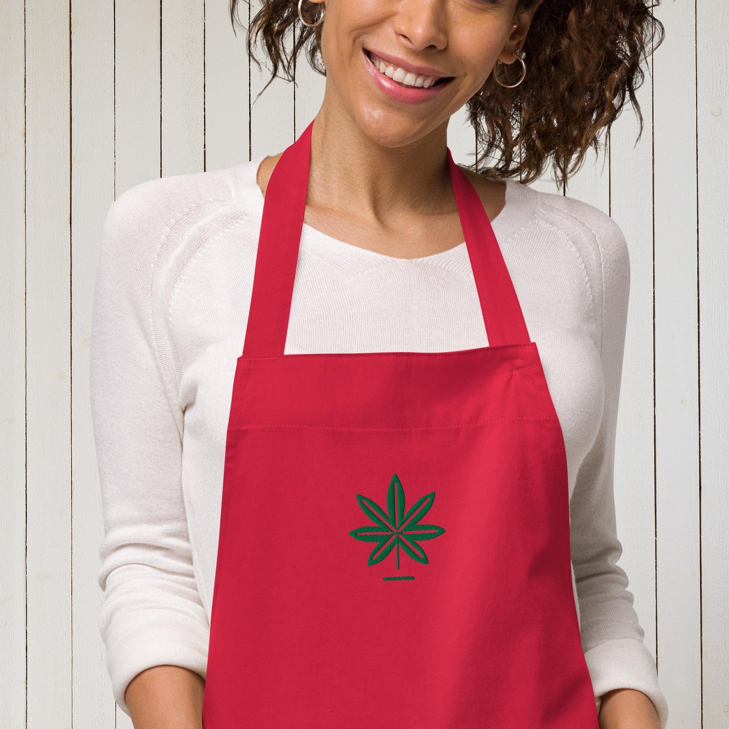 Green Weed Leaf Embroidered Apron - Eco-Friendly Cotton