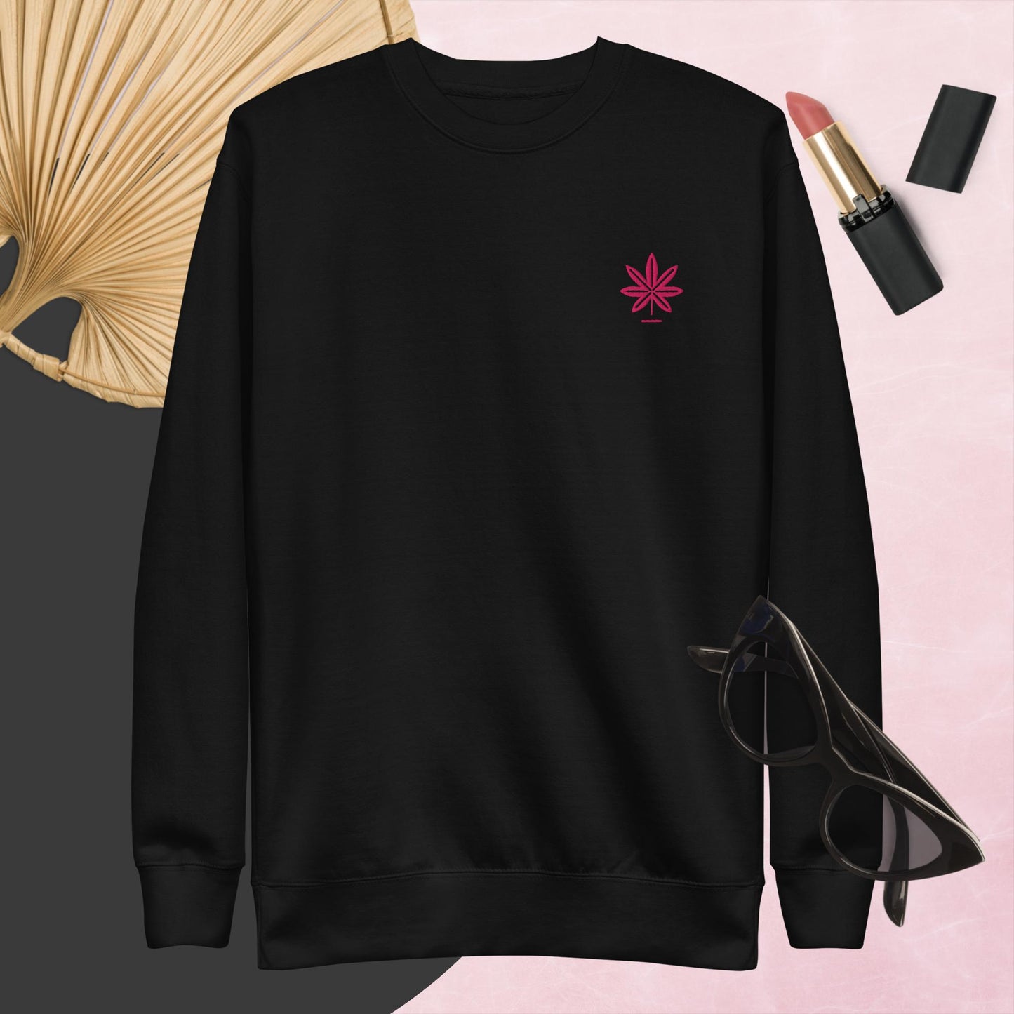 Hot Pink Marijuana Leaf Sweatshirt – Embroidered Cannabis Sweatshirt – Classic Crew Neck, Soft Cotton, Multiple Colors Available