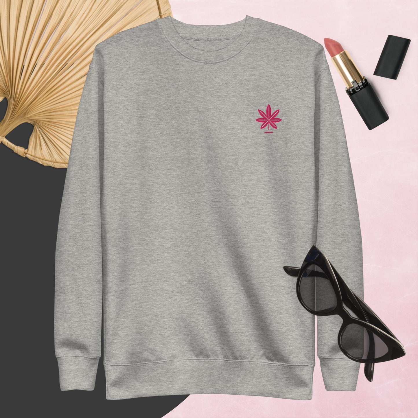 Hot Pink Marijuana Leaf Sweatshirt – Embroidered Cannabis Sweatshirt – Classic Crew Neck, Soft Cotton, Multiple Colors Available