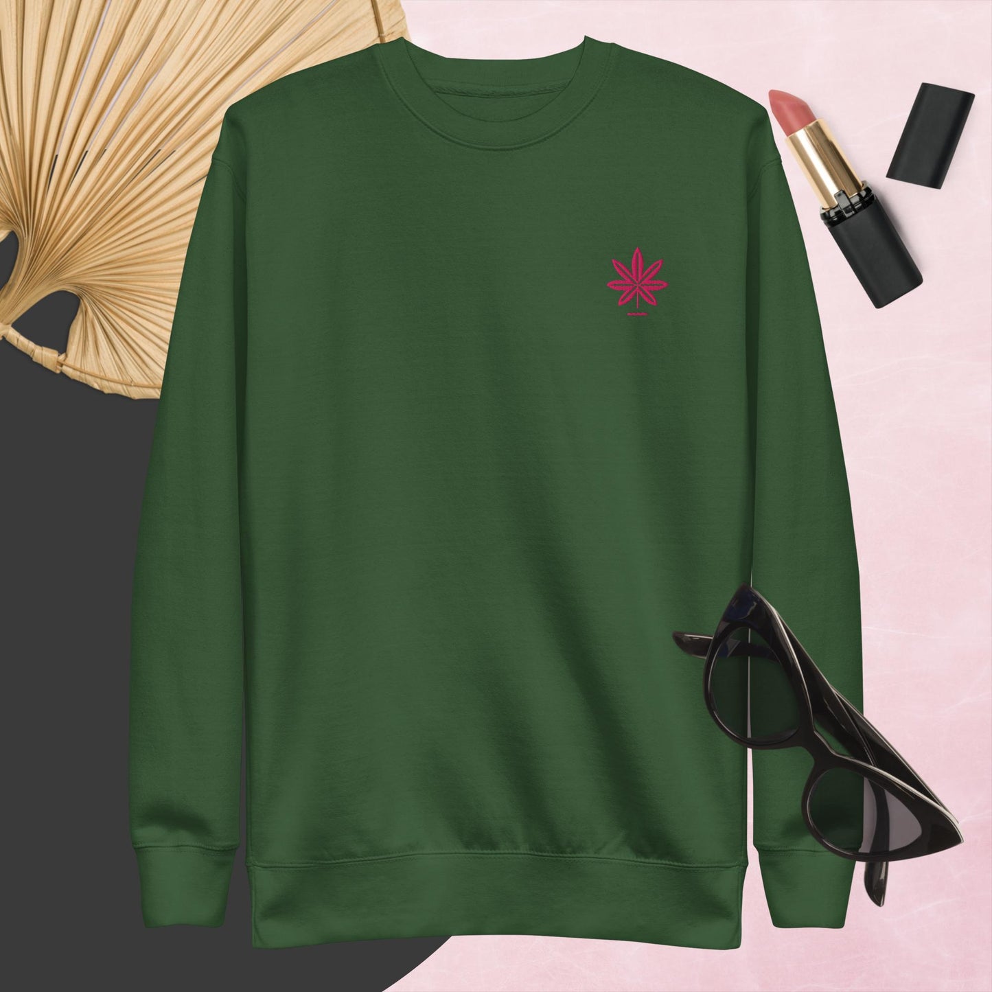 Hot Pink Marijuana Leaf Sweatshirt – Embroidered Cannabis Sweatshirt – Classic Crew Neck, Soft Cotton, Multiple Colors Available