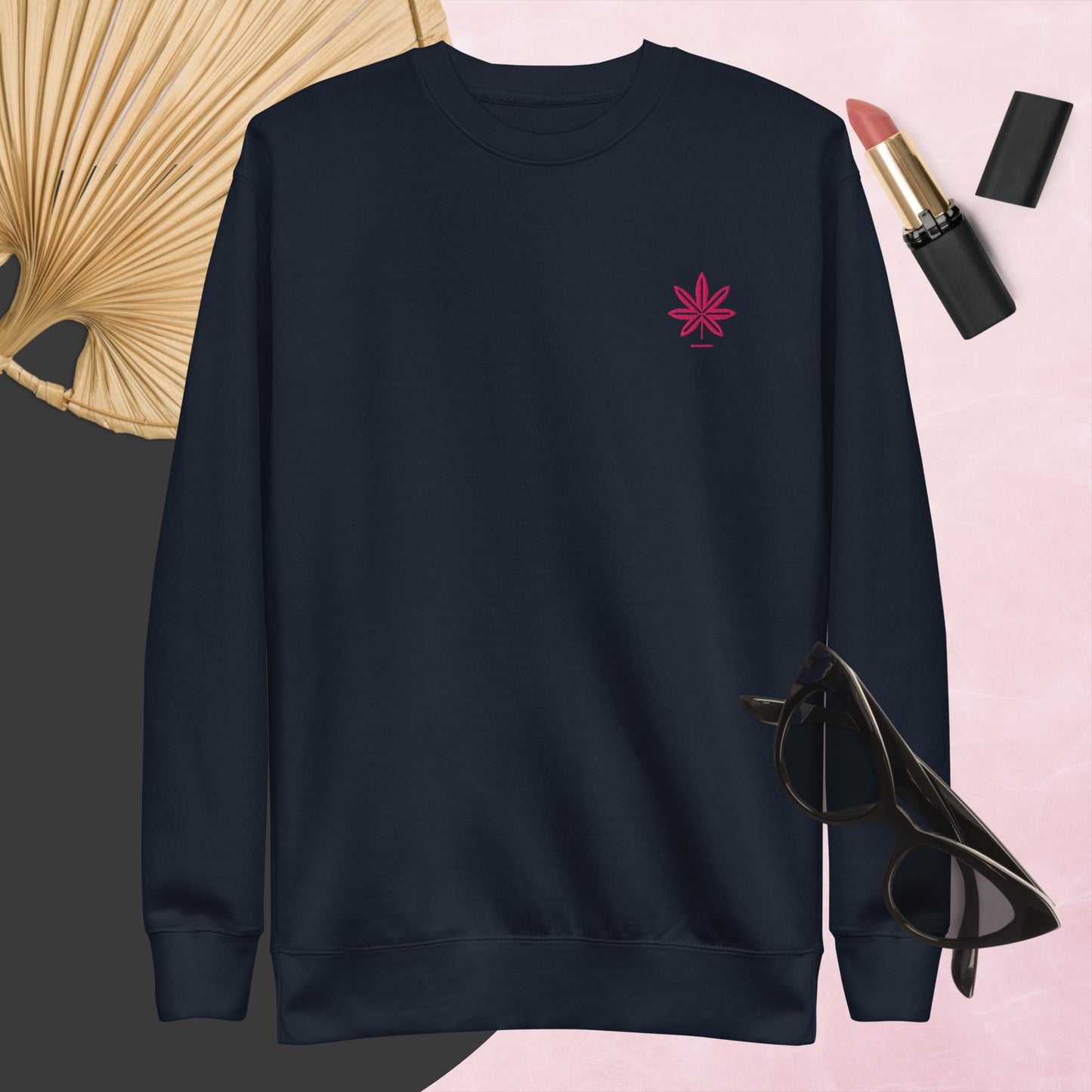 Hot Pink Marijuana Leaf Sweatshirt – Embroidered Cannabis Sweatshirt – Classic Crew Neck, Soft Cotton, Multiple Colors Available