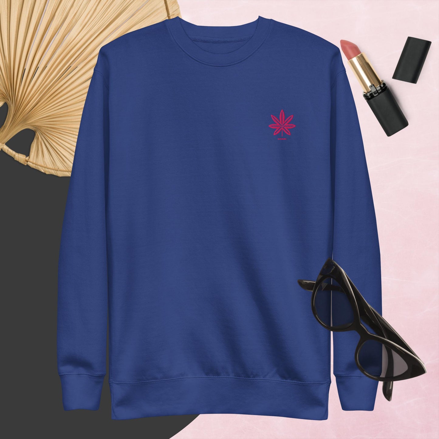 Hot Pink Marijuana Leaf Sweatshirt – Embroidered Cannabis Sweatshirt – Classic Crew Neck, Soft Cotton, Multiple Colors Available