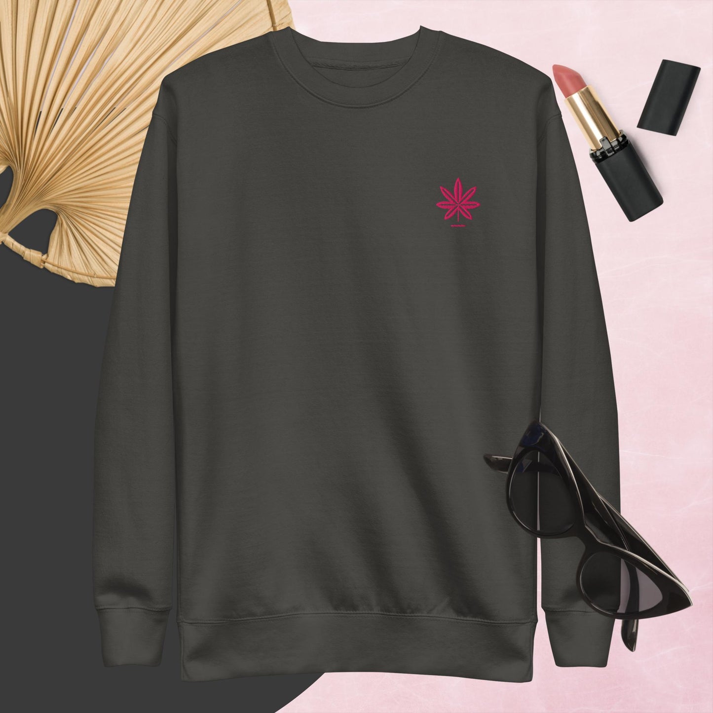 Hot Pink Marijuana Leaf Sweatshirt – Embroidered Cannabis Sweatshirt – Classic Crew Neck, Soft Cotton, Multiple Colors Available